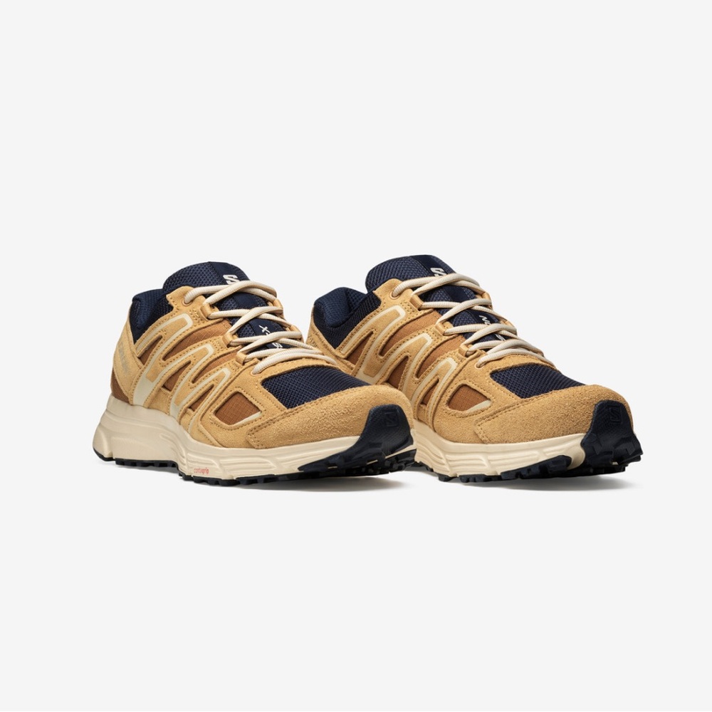 SALOMON X-Mission 4 Low Suede Athletic Sneakers Shoes Tan/Navy | EUC